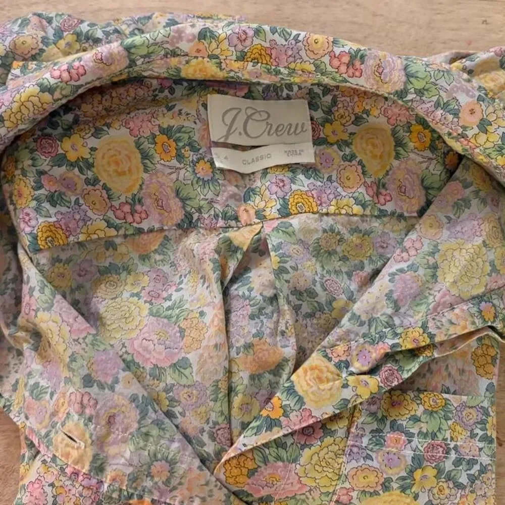 J.Crew x Liberty Fabric collab floral button up shirt pink, yellow, and green si